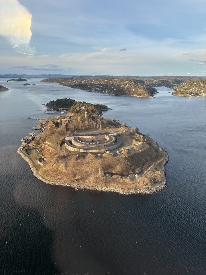 Aerial view of Oscarsborg Fortress on its island in the Oslofjord